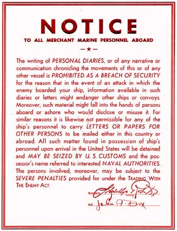 Notice to all Merchant Marine Personnel Aboard poster